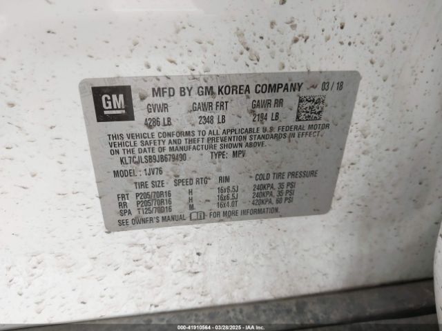 KL7CJLSB9JB679490 Chevrolet Trax Lt