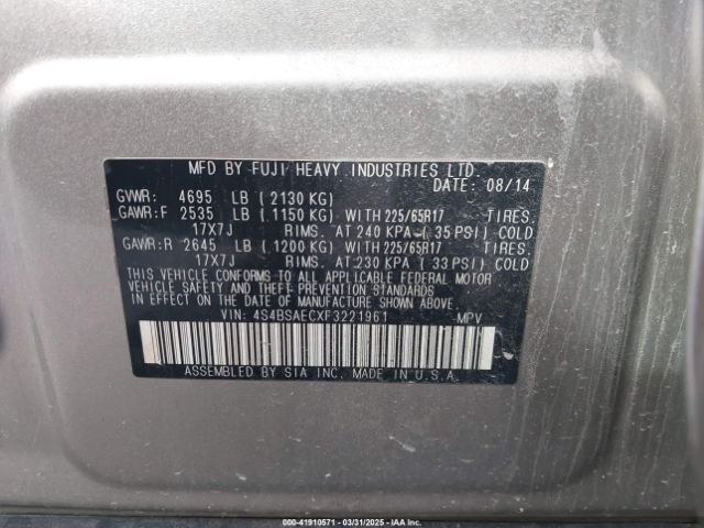4S4BSAECXF3221961 Subaru Outback 2.5i Premium