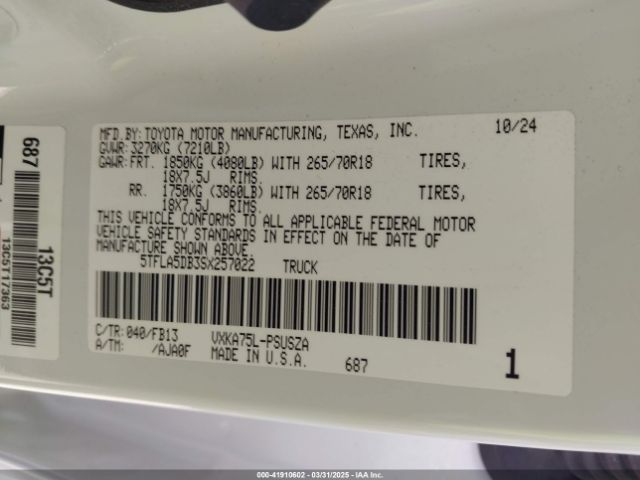 5TFLA5DB3SX257022 Toyota Tundra Sr5 4wd