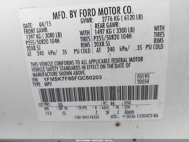 1FM5K7F85FGC60203 Ford Explorer Limited