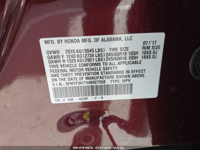Honda j35y6 2017 5FNYF5H71HB027558 Image 9