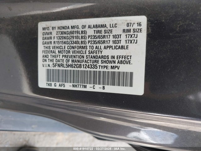 5FNRL5H62GB124335 Honda Odyssey Ex-l