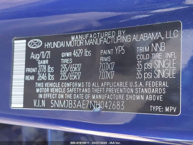 5NMJB3AE7NH042683 Hyundai TUCSON SEL