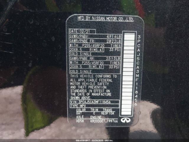 3PCAJ5CA3MF118456 Infiniti Qx50 Sensory
