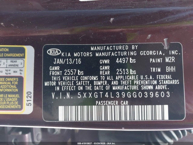 5XXGT4L39GG039603 KIA Optima Lx