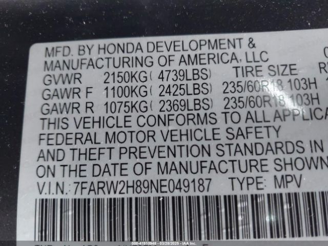 7FARW2H89NE049187 Honda Cr-v Awd Ex-l