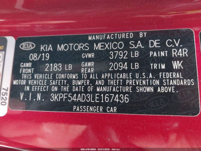3KPF54AD3LE167436 KIA FORTE EX