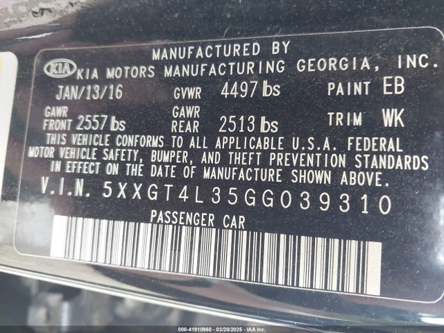 5XXGT4L35GG039310 KIA Optima Lx