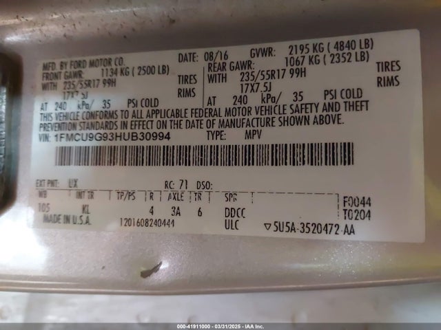 1FMCU9G93HUB30994 Ford ESCAPE SE