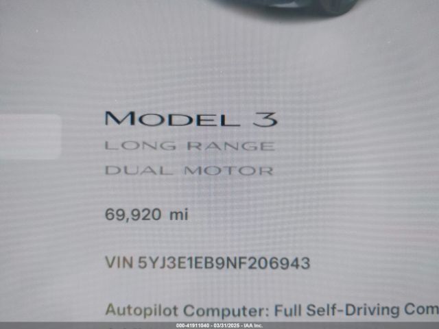 5YJ3E1EB9NF206943 Tesla Model 3 Long Range Dual Motor All-wheel Drive