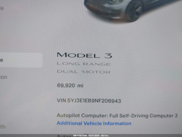 5YJ3E1EB9NF206943 Tesla Model 3 Long Range Dual Motor All-wheel Drive