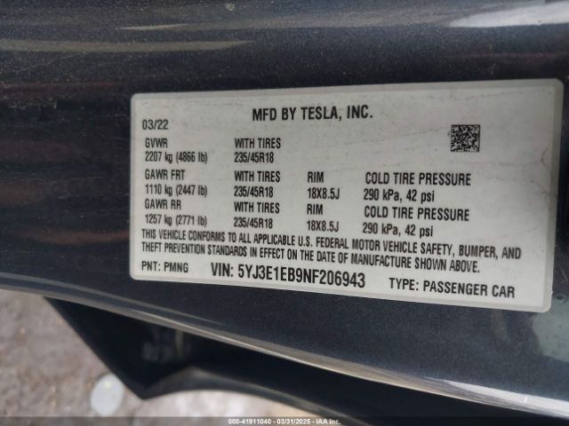 5YJ3E1EB9NF206943 Tesla Model 3 Long Range Dual Motor All-wheel Drive
