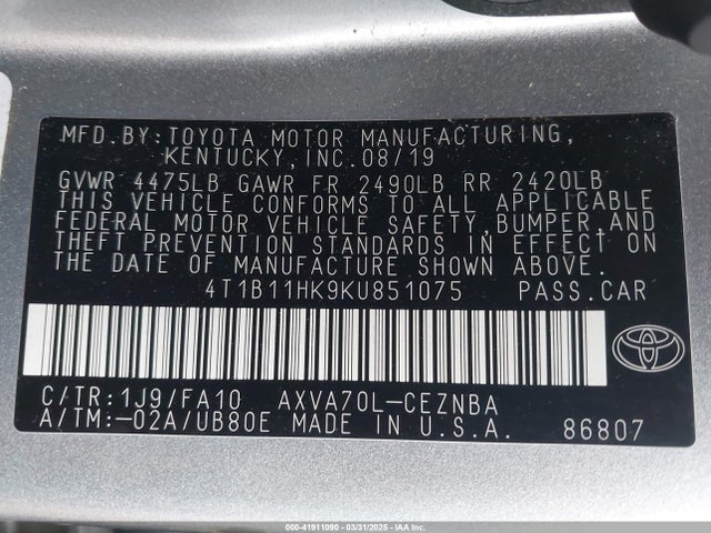 4T1B11HK9KU851075 Toyota CAMRY LE
