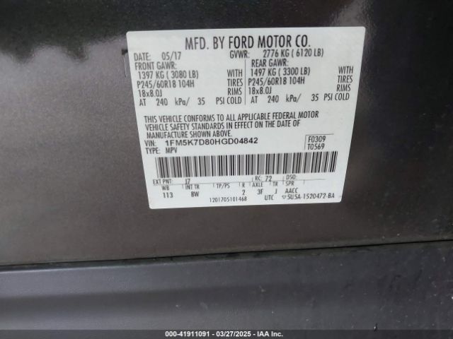 1FM5K7D80HGD04842 Ford EXPLORER XLT