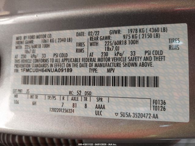 1FMCU0H64NUA09189 Ford ESCAPE SEL
