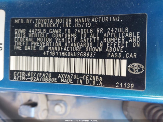 4T1B11HKXKU268837 Toyota CAMRY LE
