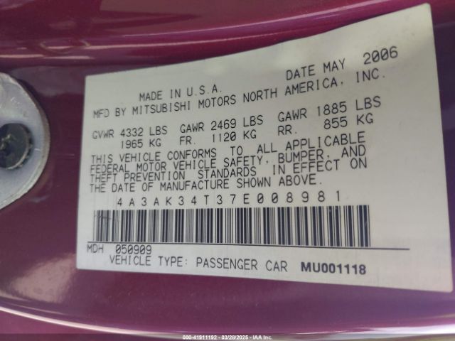 2007 MITSUBISHI ECLIPSE 4A3AK34T37E008981 Photo 8