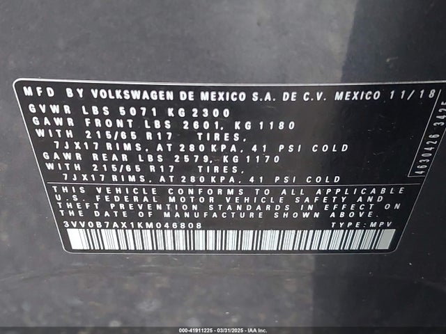 3VV0B7AX1KM046808 Volkswagen Tiguan 2.0t S