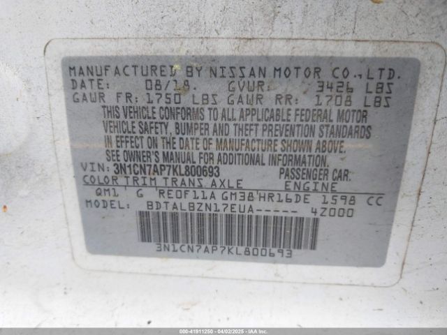 3N1CN7AP7KL800693 Nissan Versa 1.6 Sv