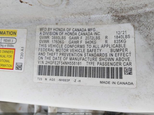 2HGFE2F54NH556181 Honda Civic Sport