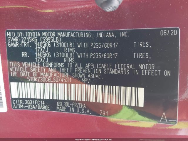 5TDKZ3DC6LS074531 Toyota SIENNA LE