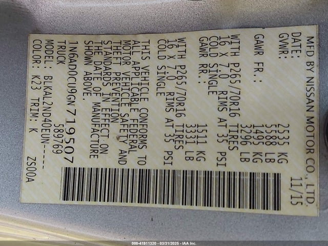 1N6AD0CU9GN719507 Nissan Frontier