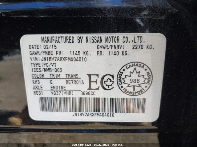 41911324 :رقم المزاد ، JN1BV7ARXFM404010 vin ، 2015 Infiniti Q50 Premium/sport مزاد بيع