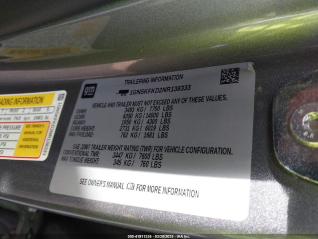 1GNSKFKD2NR138333 Chevrolet Suburban 4wd Premier
