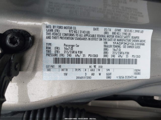 1FADP3K21GL330998 Ford FOCUS SE