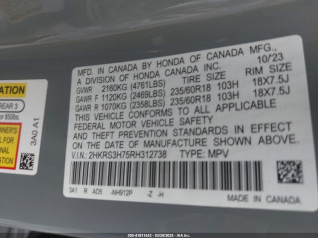 2HKRS3H75RH312738 Honda Cr-v Ex-l 2wd