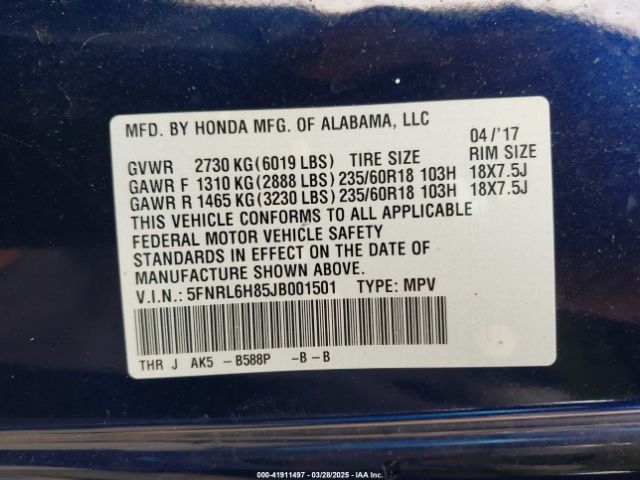 5FNRL6H85JB001501 Honda Odyssey Touring