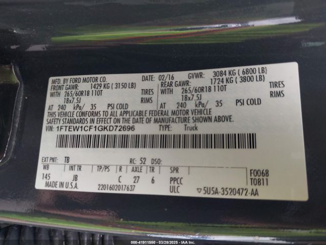 1FTEW1CF1GKD72696 Ford F-150 Xlt