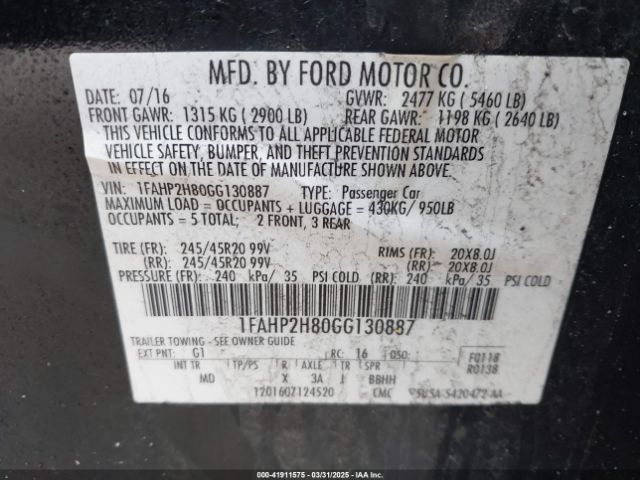 1FAHP2H80GG130887 Ford TAURUS SEL