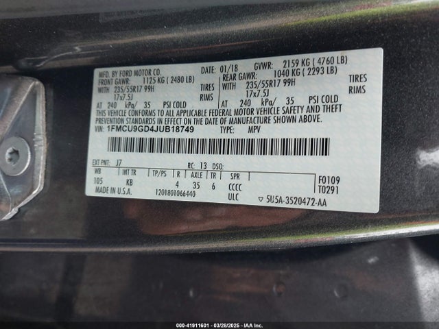 Ford ESCAPE SE 2018 1FMCU9GD4JUB18749 Image 9