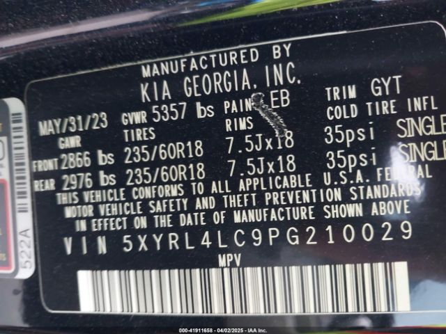 5XYRL4LC9PG210029 KIA SORENTO S