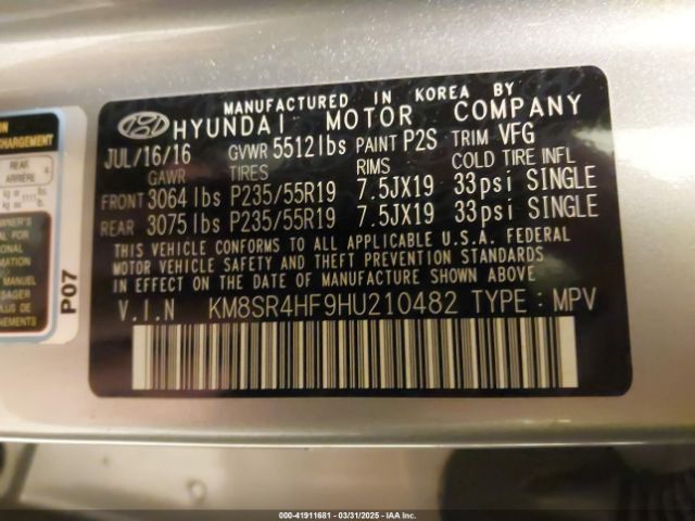 KM8SR4HF9HU210482 Hyundai Santa Fe Limited Ultimate