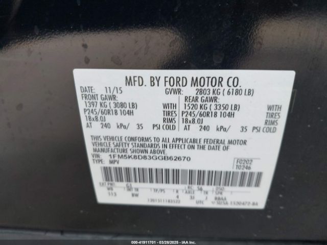 1FM5K8D83GGB62670 Ford EXPLORER XLT
