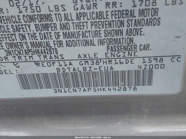 3N1CN7AP5HK442878 Nissan Versa 1.6 Sv