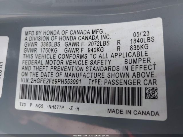 2HGFE2F59PH553991 Honda Civic Sport