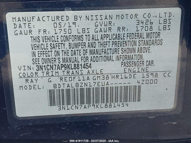 3N1CN7AP9KL881454 Nissan Versa 1.6 Sv