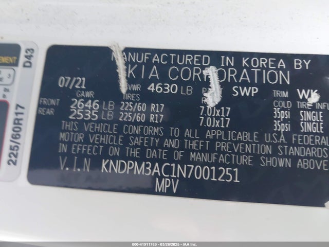KNDPM3AC1N7001251 KIA Sportage Lx