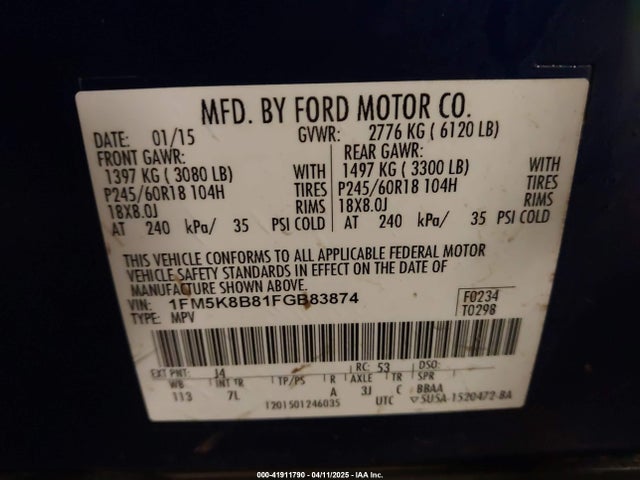 1FM5K8B81FGB83874 Ford Explorer