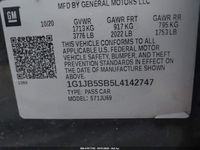1G1JB5SB5L4142747 Chevrolet Sonic Fwd  Ls