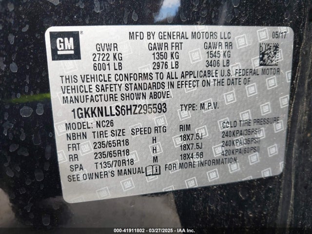 1GKKNLLS6HZ295593 GMC lgx - di: direct injection, vvt: variable valve timing, alum, gen 2