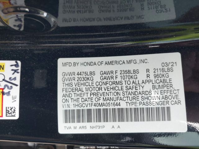 1HGCV1F40MA051644 Honda Accord Sport Special Edition