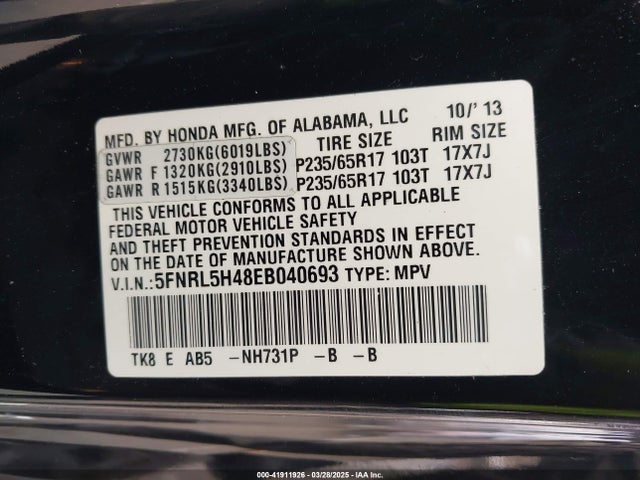 5FNRL5H48EB040693 Honda ODYSSEY EX
