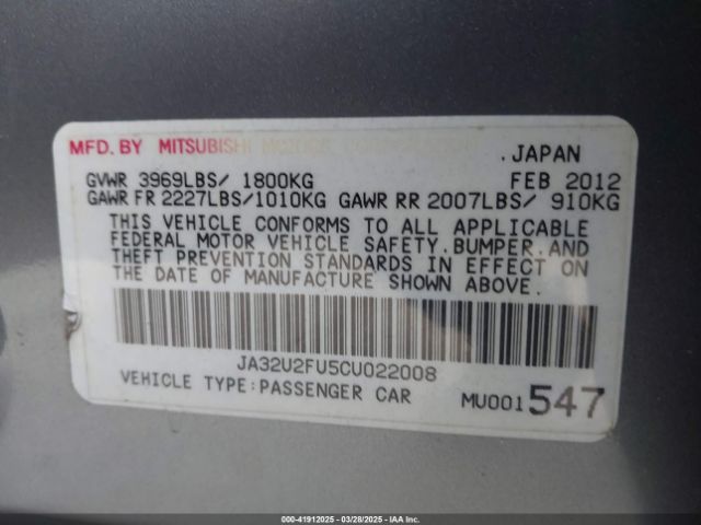 2012 MITSUBISHI LANCER JA32U2FU5CU022008 Photo 8