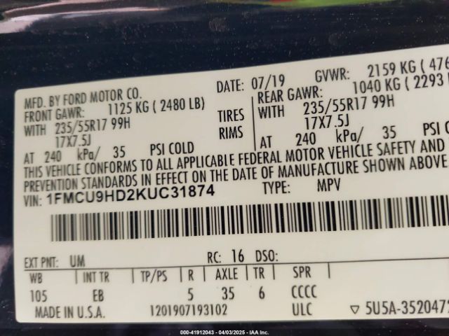 1FMCU9HD2KUC31874 Ford ESCAPE SEL