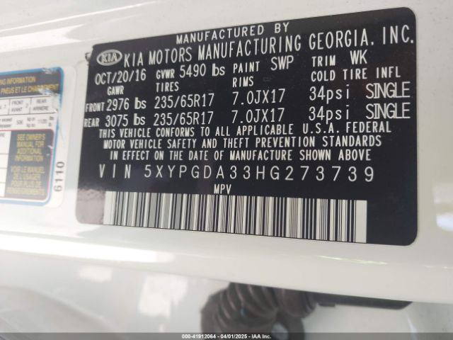 5XYPGDA33HG273739 KIA Sorento 2.4l Lx