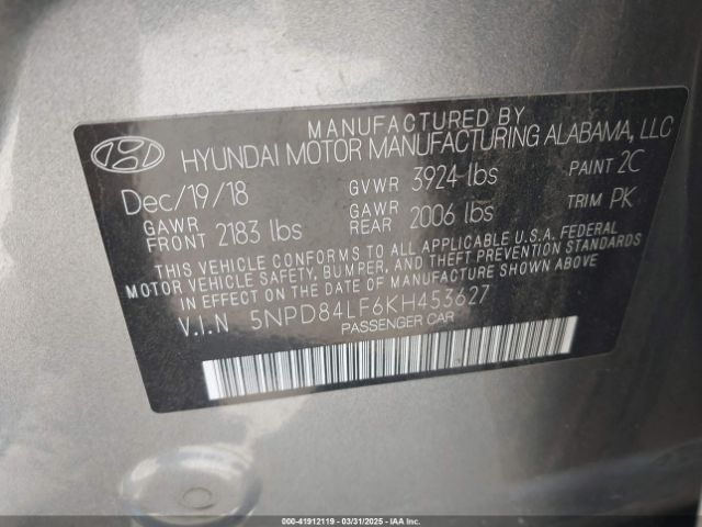 5NPD84LF6KH453627 Hyundai ELANTRA SEL